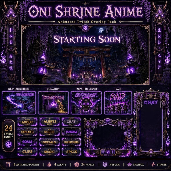 Oni Shrine Anime Twitch Overlay Pack | Japanese Purple Stream Screens Alerts Webcam