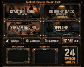 Twitch Overlay Militair Pakket | Tactische Shooter Stream Schermen, Waarschuwingen, Panelen, Webcam voor YouTube