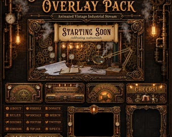 Steampunk Twitch Overlay Pack | Geanimeerde vintage industriële streamschermen, waarschuwingspanelen en webcam