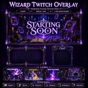 Wizard Twitch Overlay Pack | Purple Arcane Magic Dark Sorcerer Animated Fantasy Stream Screens Alerts
