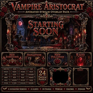 Paquete de superposiciones de Twitch de vampiros / Paneles de alertas para pantallas de transmisión de terror de castillo gótico aristocrático