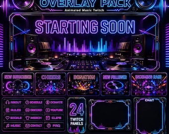 DJ Stream Overlay Pack | Geanimeerde muziek Twitch overlays, schermen, meldingen, webcam stinger