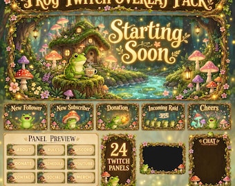 Frog Twitch Overlay Pack | Geanimeerde paddenstoel Cottagecore streamschermen, waarschuwingspanelen
