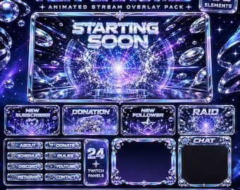 Y2K Twitch Overlay Pack | Chrome holografische retro streamschermen, waarschuwingspanelen