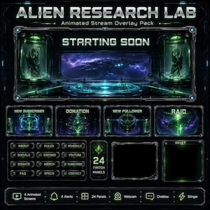 May include: An Alien Research Lab animated stream overlay pack featuring a dark sci-fi aesthetic with green and blue neon accents. The layout includes a Starting Soon screen, alert boxes for subscribers, donations, followers, and raids, plus 24 panels.