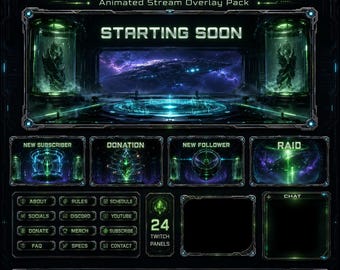 Alien Twitch Stream Overlay Pack | Animated Sci Fi Research Lab Screens Alerts Webcam Panels