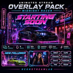 Overlay-Paket für Rennstreams | Animierte JDM-Neon-Auto-Twitch-Bildschirme und Benachrichtigungsfelder