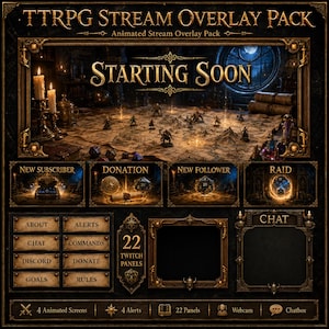 Pakiet nakładek na strumienie TTRPG | Nakładka Dice Twitch, animowane ekrany fantasy, panele alertów