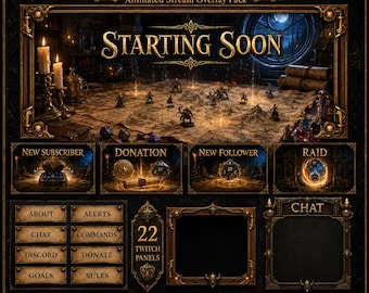 TTRPG Stream Overlay Pack | Dice Twitch Overlay, Geanimeerde Tabletop Fantasy Schermen, Waarschuwingspanelen