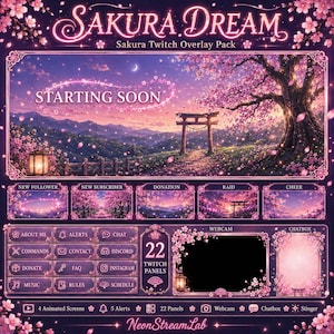 Paquete de superposiciones Sakura Twitch / Pantallas de transmisión de flores de cerezo japonesas Paneles de alertas para Youtube Kick