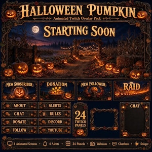 Puede incluir: Un paquete de superposición animada de Twitch Halloween Pumpkin con un marco de madera rústica oscura y motivos de calabazas talladas. El diseño incluye una pantalla de Starting Soon, cajas de alertas, paneles de chat y etiquetas.