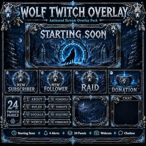 Wolf Twitch Overlay Pack | Dark Nordic Forest Stream Screens Alerts Panels Youtube Kick