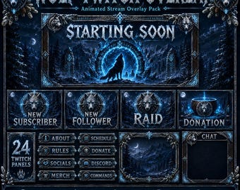 Wolf Twitch Overlay Pack | Donker Scandinavisch bos Stream Schermen Waarschuwingen Panelen YouTube Kick