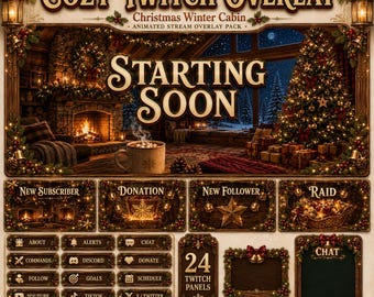 Cozy Twitch Overlay Pack | Christmas Winter Cabin Animated Stream Screens Alerts Panels OBS Streamlabs