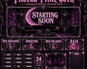 Pastel Goth Twitch Overlay Pack | Roze Goth Geanimeerde Stream Schermen, Meldingen en Panelen