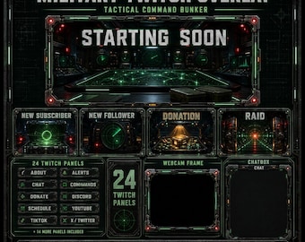 Militair Twitch-overlaypakket | Tactische commandobunker geanimeerde schermen, waarschuwingspanelen, webcam | OBS Streamlabs