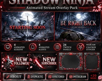 Shadow Ninja ストリームオーバーレイパック アニメーション Twitch YouTube キックアラートパネル ウェブカメラ