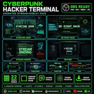 Puede incluir: Paquete de superposición de transmisión animada Cyberpunk Hacker Terminal. Incluye pantallas animadas para Starting Soon, Be Right Back, Stream Ending y Offline. Paneles para Seguidores, Suscriptores, Donación y Raid. 22 paneles de Twitch, marco de webcam y más. OBS Ready.