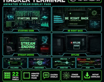サイバーパンク ハッカー ターミナル ストリーム オーバーレイ パック アニメーション ネオン Twitch YouTube キック アラート パネル ウェブカメラ