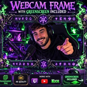 May include: A digital webcam frame featuring a dark, gothic stone border with purple glowing runes, skulls, and swirling green smoke effects. The frame includes text reading WEBCAM FRAME WITH GREENSCREEN INCLUDED and icons for Twitch, YouTube, and Kick.