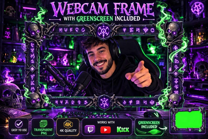 May include: A digital webcam frame featuring a dark, gothic stone border with purple glowing runes, skulls, and swirling green smoke effects. The frame includes text reading WEBCAM FRAME WITH GREENSCREEN INCLUDED and icons for Twitch, YouTube, and Kick.