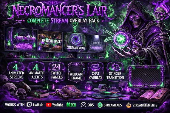 Necromancer Twitch Overlay Pack | Animated Dark Magic Skull Stream Screens Alerts Panels