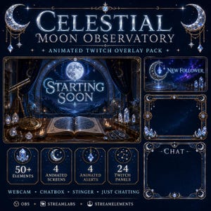 Celestial Twitch Overlay Pack | Moon Observatory Lunar Magic Animerade varningspaneler Webbkamera