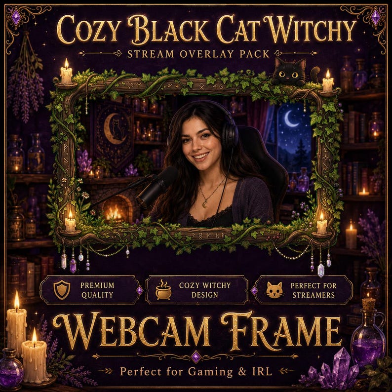 May include: A digital webcam frame featuring a dark, enchanted forest theme with green vines, glowing candles, and a small black cat. The frame includes text reading COZY BLACK CAT WITCHY STREAM OVERLAY PACK and WEBCAM FRAME, with a central window.