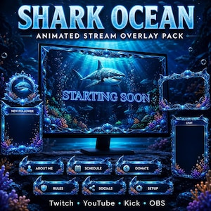 Puede incluir: Un paquete de arte digital con temática de tiburones. El diseño presenta un monitor de computadora que muestra una imagen de tiburón con las palabras "Starting Soon". Elementos adicionales incluyen marcos, botones y el texto "Shark Ocean Animated Stream Overlay Pack". La paleta de colores es principalmente azul.