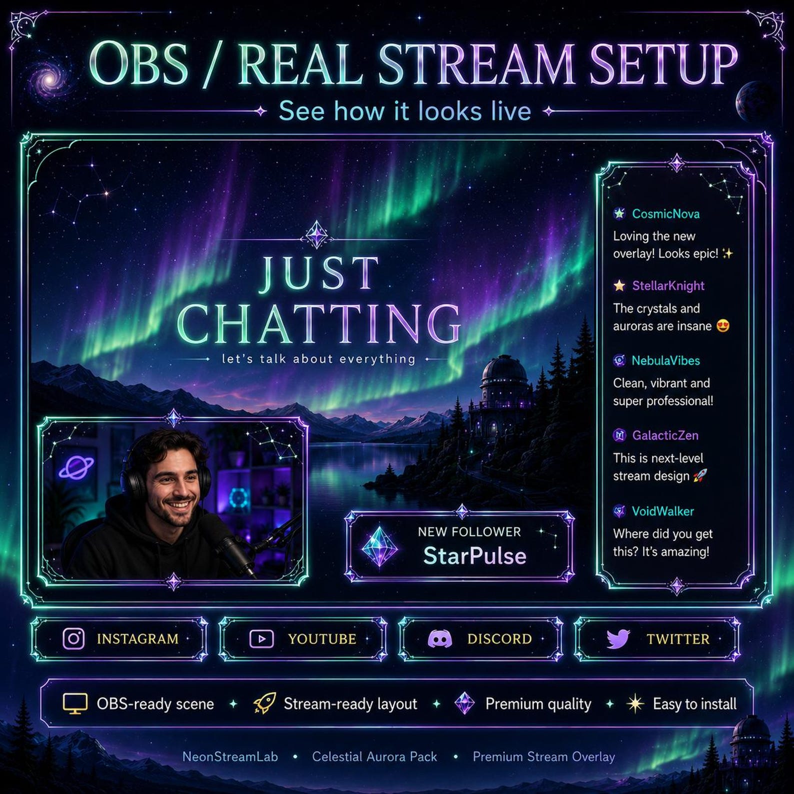 Twitch Stream Overlay Pack Celestial Aurora Animated Northern Lights ...