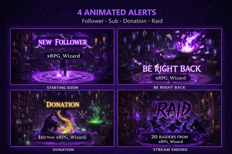 Stream Alert Visuals Animated Twitch Overlay Pack | Dark Sorcerer Academy Stream Overlay ...