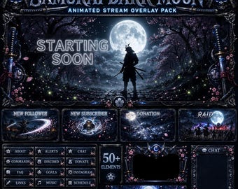 サムライダークムーン配信オーバーレイパック | アニメーション付き日本の忍者Twitch YouTube画面アラートパネル