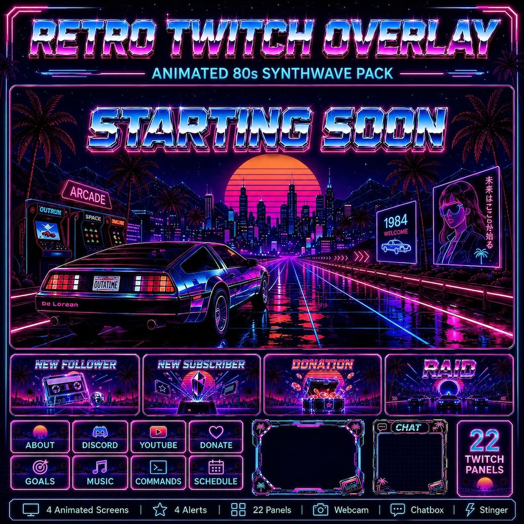 Retro Twitch Overlay Pack | Animated 80s Synthwave Vaporwave Stream ...