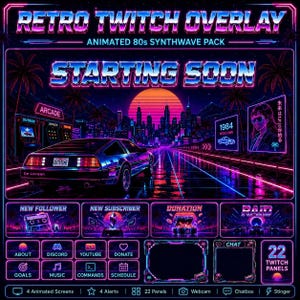Pacchetto di overlay retrò per Twitch / Schermate di streaming animate anni '80 Synthwave Vaporwave, avvisi e stinger per webcam