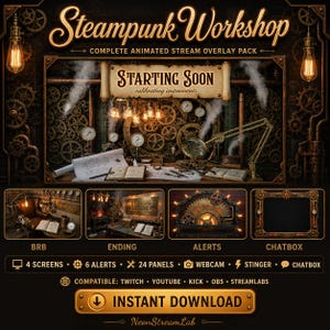 Pode incluir: Pacote de sobreposição de transmissão animada Steampunk Workshop com uma estética vintage. O design apresenta engrenagens, medidores e uma faixa "Starting Soon". Inclui telas, alertas, painéis, webcam, stinger e elementos de chatbox. Compatível com Twitch, YouTube, Kick, OBS e Streamlabs.