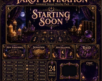 Tarot Twitch Overlay Pack | Mystieke kaartlezing Geanimeerde streamschermen, waarschuwingspanelen