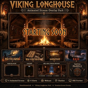 Viking Longhouse Stream Overlay Pack – Nordic Twitch Alerts, Panels & Webcam Frame for OBS
