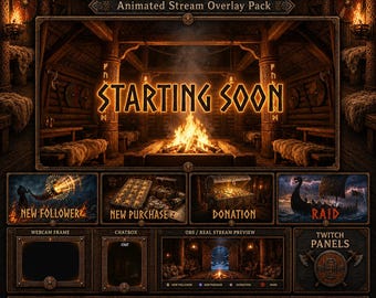 May include: A digital stream overlay pack titled VIKING LONGHOUSE featuring a central starting soon screen with a fireplace, four alert graphics, a webcam frame, a chatbox, an OBS preview window, and twitch panels with a dark wood aesthetic.