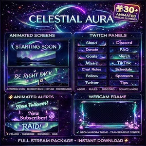 May include: A digital graphic design package with a celestial theme. It includes animated screens, Twitch panels, animated alerts, and a webcam frame. The design features a neon aurora theme with a transparent centre and the text "Celestial Aura".