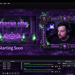 May include: A digital OBS Studio interface overlay featuring a dark purple and green theme with skulls and glowing magical runes. The screen displays the text Starting Soon in a stylized font over a mystical stone chamber background with green fire.