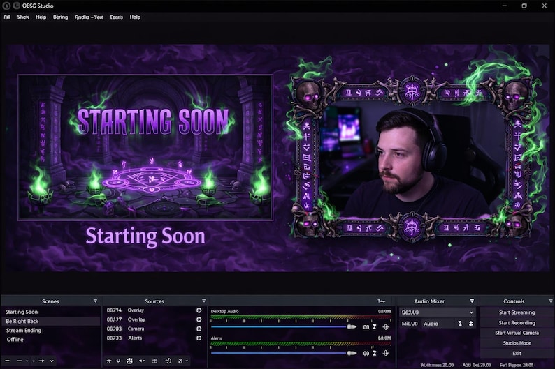 May include: A digital OBS Studio interface overlay featuring a dark purple and green theme with skulls and glowing magical runes. The screen displays the text Starting Soon in a stylized font over a mystical stone chamber background with green fire.