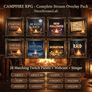 Op de afbeelding: Een compleet stream overlay-pakket met een kampvuur RPG-thema. Het pakket bevat 28 bijpassende Twitch-panelen, een webcam en een stinger. Panelen bevatten tekst als "Starting Soon", "Offline" en "Donation", met een kampvuurgrafiek.