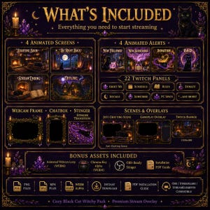 May include: A digital streaming asset pack featuring a dark purple and gold theme with black cat illustrations. Includes 4 animated screens, 4 animated alerts, 22 twitch panels, a webcam frame, chatbox, stinger transition, and bonus assets.