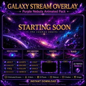 Galaxy Stream Overlay Pack | Paarse Nevel Kosmische Geanimeerde Twitch Schermen, Waarschuwingspanelen