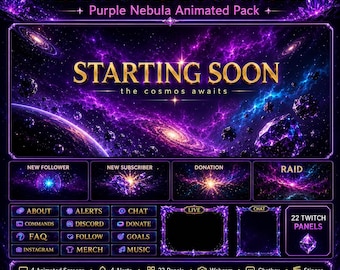 Galaxy Stream Overlay Pack | Paarse Nevel Kosmische Geanimeerde Twitch Schermen, Waarschuwingspanelen