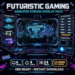Może przedstawiać: Futurystyczny pakiet nakładek animowanych do gier z neonowo-niebieską i fioletową kolorystyką. Zawiera 4 animowane alerty, 24 panele Twitch i ekran 'Starting Soon'. Gotowy do OBS, natychmiastowe pobranie.