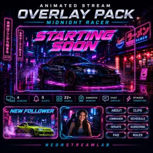 Puede incluir: Paquete de superposición de transmisión animada "Midnight Racer" con un diseño de ciudad futurista de neón. El texto principal dice "Starting Soon" sobre un gráfico de un coche. Incluye opciones para pantallas, alertas, paneles, webcam, chat y transición. Con una pantalla "New Follower" e interfaz de streamer.