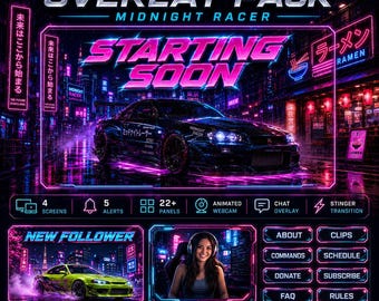 ミッドナイトレーサー サイバーパンク ストリームオーバーレイパック | アニメーション JDM レーシング ネオン Twitch スクリーン アラートパネル