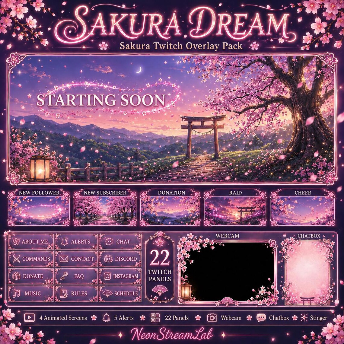 Sakura Twitch Overlay Pack | Japanese Cherry Blossom Stream Screens ...