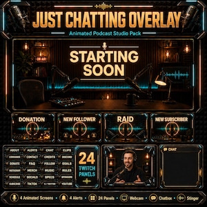Peut inclure: Un pack de superposition pour streaming numérique avec un thème de studio sombre et des accents néon dorés et bleus. Il comprend un écran 'Starting Soon', quatre boîtes d'alerte, vingt-quatre panneaux, un cadre webcam, un chat et des étiquettes.